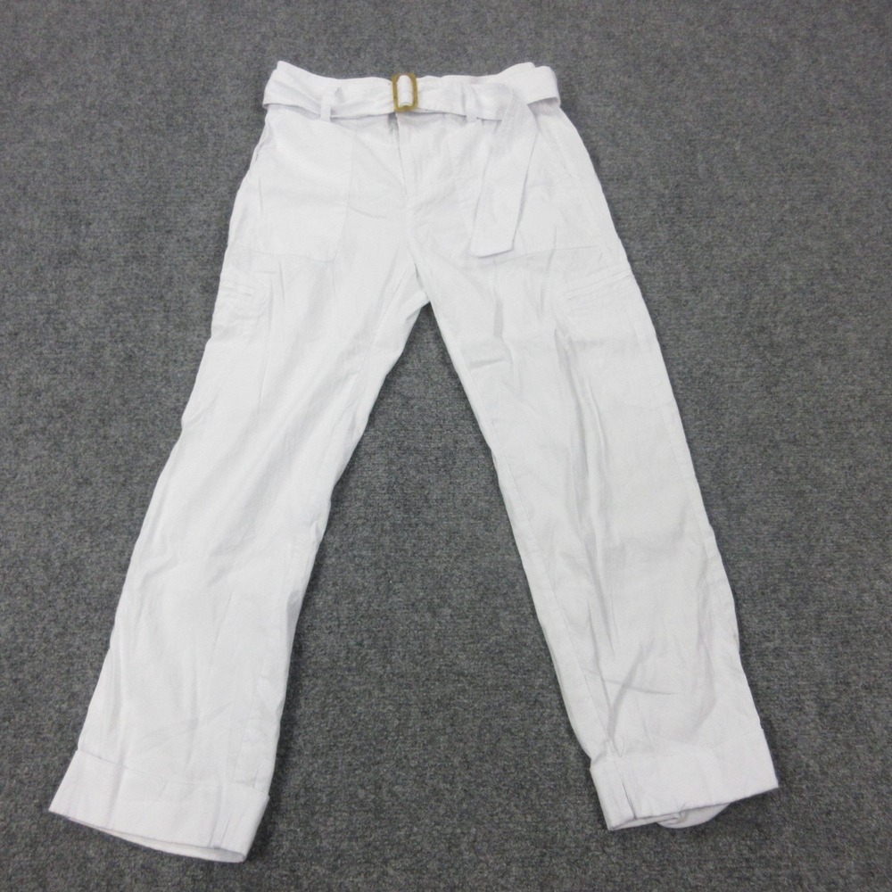 Vince Pants Womens Medium White Cargo Straight‎ Leg Linen Blend Belted Stretch